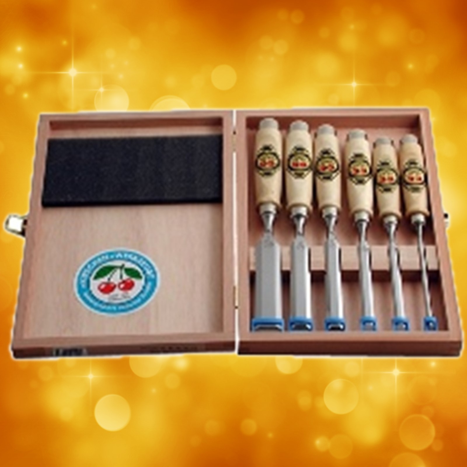 Two Cherries Set of 6 Wooden Handled Chisels in Wooden Box 500-1561 500-1561